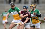 24 February 2019; Sean Kilduff of Galway in action against Aidan Treacy and Kevin Dunne of Offaly during the Allianz Hurling League Division 1B Round 4 match between Offaly and Galway at Bord Na Mona O'Connor Park in Tullamore, Offaly. Photo by Matt Browne/Sportsfile