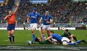 24 February 2019; Conor Murray of Ireland celebrates after scoring his side's fourth try  during the Guinness Six Nations Rugby Championship match between Italy and Ireland at the Stadio Olimpico in Rome, Italy. Photo by Ramsey Cardy/Sportsfile