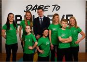 25 February 2019; Peter Sherrard, Chief Executive Officer, Olympic Federation of Ireland, centre, is pictured with, back row from left, Kellie Harrington, Irish World Champion Boxer, Claire Lambe, Irish Olympic Rower, Róisín McGettigan, Programme Developer, and Róisín Jones, Programme Developer, front from left, Tilly Byrne-McGettigan, age 10, Nicole Turner, Irish Paralympic Swimmer, and Lennon Byrne-McGettigan, age 12, from Wicklow, Co. Wicklow, at the launch of Dare to Believe, a school activation programme championed and supported by the Athletes’ Commission. Olympism, Paralympism and the benefits of sport will be promoted in schools nationwide by some of Ireland’s best known and most accomplished athletes in a fun and interactive manner. The initial pilot phase is targeting the fifth and sixth class students in primary schools. #DareToBelieve Photo by Seb Daly/Sportsfile