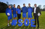 26 February 2019; At the launch of the 2019 Bank of Ireland Leinster Rugby School of Excellence are, from left, Stephen Maher, Community Rugby Officer, Leinster Rugby, Adam Byrne, Eimear Corri, Max Deegan, Caelan Doris and Rory Carty, Head of Youth Banking, Bank of Ireland. Avail of the early bird offer now and book your place at leinsterrugby.ie/camps. Photo by Ramsey Cardy/Sportsfile