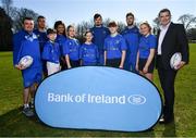 26 February 2019; Leinster Rugby players Adam Byrne, Eimear Corri, Max Deegan and Caelan Doris at the launch of the 2019 Bank of Ireland Leinster Rugby School of Excellence are camp participants, from left, Daniel Forkin, Rachel Sutton, Juliette Moore, Oisin Spain and Eve McPhillimy with Stephen Maher, Community Rugby Officer, Leinster Rugby, left, and Rory Carty, Head of Youth Banking, Bank of Ireland. Avail of the early bird offer now and book your place at leinsterrugby.ie/camps. Photo by Ramsey Cardy/Sportsfile