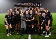 27 February 2019; Maynooth University captain Eimear Lafferty is presented with the cup by Emma Yourell of RUSTLERS after the RUSTLERS Third Level CUFL Women's Premier Division Final match between Institute of Technology Carlow and Maynooth University at Athlone Town Stadium in Lissywollen, Westmeath. Photo by Piaras Ó Mídheach/Sportsfile