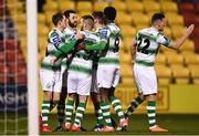 4 March 2019; Roberto Lopes of Shamrock Rovers, second from left, celebrates with team-mates after scoring his side's first goal during the SSE Airtricity League Premier Division match between Shamrock Rovers and Finn Harps at Tallaght Stadium in Dublin. Photo by Eóin Noonan/Sportsfile