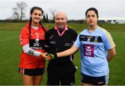 8 March 2019; UCC captain Eimear Meaney, left, and UCD captain Molly Lamb with referee Gus Chapman prior to the Gourmet Food Parlour O’Connor Cup Semi-Final match between University College Dublin and University College Cork at the GAA Centre of Excellence in Abbotstown, Dublin. Photo by David Fitzgerald/Sportsfile