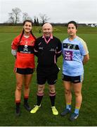 8 March 2019; UCC captain Eimear Meaney, left, and UCD captain Molly Lamb with referee Gus Chapman prior to the Gourmet Food Parlour O’Connor Cup Semi-Final match between University College Dublin and University College Cork at the GAA Centre of Excellence in Abbotstown, Dublin. Photo by David Fitzgerald/Sportsfile