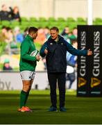 10 March 2019; Ireland head coach Joe Schmidt in conversation with Jordan Larmour prior to the Guinness Six Nations Rugby Championship match between Ireland and France at the Aviva Stadium in Dublin. Photo by Ramsey Cardy/Sportsfile