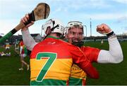 10 March 2019; Chris Nolan of Carlow celebrates with team-mate Kevin McDonald following the Allianz Hurling League Division 1B Relegation Play-off match between Offaly and Carlow at Bord na Móna O'Connor Park in Tullamore, Offaly. Photo by Eóin Noonan/Sportsfile
