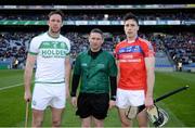 17 March 2019; Ballyhale Shamrocks captain Michael Fennelly, St Thomas' captain Conor Cooney and referee Fergal Horgan prior to the AIB GAA Hurling All-Ireland Senior Club Championship Final match between Ballyhale Shamrocks and St Thomas' at Croke Park in Dublin. Photo by Harry Murphy/Sportsfile