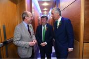 17 March 2019; In attendance at the Three FAI International Awards at RTE Studios in Donnybrook, Dublin, are from left, Minister for Transport, Tourism and Sport, Shane Ross T.D., FAI President Donal Conway and Republic of Ireland manager Mick McCarthy. Photo by Stephen McCarthy/Sportsfile