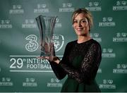 17 March 2019; Former Republic of Ireland goalkeeper Emma Byrne with her Hall of Fame award during the Three FAI International Awards at RTE Studios in Donnybrook, Dublin. Photo by Seb Daly/Sportsfile