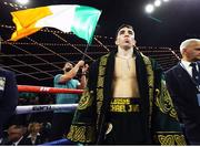 17 March 2019; Michael Conlan ahead of his featherweight bout against Ruben Garcia Hernandez as WWE star Finn Balor, left, waves the Irish tricolour at the Madison Square Garden Theater in New York, USA. Photo by Mikey Williams/Top Rank/Sportsfile