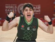 19 March 2019; Team Ireland's Sarah Kilmartin, a member of Athlone SOC, from Athlone, Co. Westmeath, celebrates after Team Ireland's 27-15 win over SO Bharat to capture the Gold Medal for Basketball on Day Five of the 2019 Special Olympics World Games in the Abu Dhabi National Exhibition Centre, Abu Dhabi, United Arab Emirates.  Photo by Ray McManus/Sportsfile