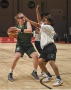 19 March 2019; Team Ireland's Emma Johnstone, a member of the Cabra Lions Special Olympics Club, from Dublin 11, Co. Dublin, in action against Rincy Biju of SO Bharat during Ireland's 27-15 win to earn a Gold Medal for Basketball  on Day Five of the 2019 Special Olympics World Games in the Abu Dhabi National Exhibition Centre, Abu Dhabi, United Arab Emirates. Photo by Ray McManus/Sportsfile
