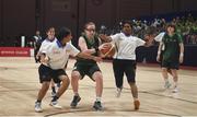 19 March 2019; Team Ireland's Emma Johnstone, a member of the Cabra Lions Special Olympics Club, from Dublin 11, Co. Dublin, in action against Rincy Biju and Athira Soman, right, of SO Bharat during Ireland's 27-15 win to earn a Gold Medal for Basketball on Day Five of the 2019 Special Olympics World Games in the Abu Dhabi National Exhibition Centre, Abu Dhabi, United Arab Emirates. Photo by Ray McManus/Sportsfile