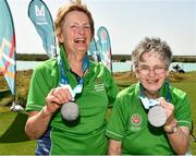 20 March 2019; Team Ireland's Mairead Moroney, a member of the Ennis SOGC, from Ennis, Co. Clare, who has the distinction of being the oldest athlete at the Games, and her Alternate Shot Team Play Partner Jean Molony, left, after they had collected their Silver Medal in the Level 2 - Unified Alternate Shot Team Play Competition on Day Six of the 2019 Special Olympics World Games in Yas Links, Yas Island, Abu Dhabi, United Arab Emirates  Photo by Ray McManus/Sportsfile