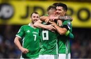 21 March 2019; Steven Davis of Northern Ireland (8) celebrates after scoring his side's second goal with team-mates during the UEFA EURO2020 Qualifier - Group C match between Northern Ireland and Estonia at National Football Stadium in Windsor Park, Belfast.  Photo by David Fitzgerald/Sportsfile