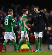 21 March 2019; Kyle Lafferty, right, and Steven Davis of Northern Ireland celebrate following the UEFA EURO2020 Qualifier - Group C match between Northern Ireland and Estonia at National Football Stadium in Windsor Park, Belfast.  Photo by David Fitzgerald/Sportsfile