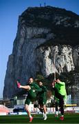 22 March 2019; Republic of Ireland players, from left, Glenn Whelan, Conor Hourihane and Shane Duffy in front of the Rock of Gibraltar during a Republic of Ireland training session at Victoria Stadium in Gibraltar. Photo by Stephen McCarthy/Sportsfile