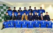 22 March 2019; In attendance during the Leinster Rugby Schools Top 15 Jersey Presentation are, front row, from left, Henry Godson of Gonzaga, Andrew Synnott of Belvedere, Jack Boyle of St Michael's, Jack Barry of Gonzaga, John Fish of St Michael's, Mark Hernan of St Michaels, Tom Gilheany of Clongowes and Will Hickey of St Michael's, and backrow from left, Rob Gilsenan of St Michael's Chris Cosgrove of St Michael's, Matthew Grogan of Belvedere, Andrew Smith of St Michael's, James Reynolds of CBC, Jack Connolly of Gonzaga and Conor Hennessy of Gonzaga at BOI Ballsbridge in Dublin. Photo by Sam Barnes/Sportsfile