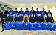 22 March 2019; In attendance during the Leinster Rugby Schools Top 15 Jersey Presentation are, front row, from left, Henry Godson of Gonzaga, Andrew Synnott of Belvedere, Jack Boyle of St Michael's, Jack Barry of Gonzaga, John Fish of St Michael's, Mark Hernan of St Michaels, Tom Gilheany of Clongowes and Will Hickey of St Michael's, and back row from left, Tony Ward, Irish Independent, Vinnie Milroy, Bank of Ireland, Rob Gilsenan of St Michael's Chris Cosgrove of St Michael's, Matthew Grogan of Belvedere, Andrew Smith of St Michael's, James Reynolds of CBC, Jack Connolly of Gonzaga, Conor Hennessy of Gonzaga and Conor Montayne, Leinster Rugby Schools Chairperson, at BOI Ballsbridge in Dublin. Photo by Sam Barnes/Sportsfile