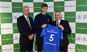 22 March 2019; John Fish of St Michael's is presented with their jersey by Vinne Milroy, Bank of Ireland, left, and Tony Ward, Irish Independent, during the Leinster Rugby Schools Top 15 Jersey Presentation at BOI Ballsbridge in Dublin. Photo by Sam Barnes/Sportsfile