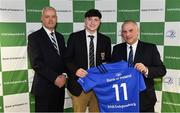 22 March 2019; Matthew Grogan of Belvedere is presented with their jersey by Vinne Milroy, Bank of Ireland, left, and Tony Ward, Irish Independent, during the Leinster Rugby Schools Top 15 Jersey Presentation at BOI Ballsbridge in Dublin. Photo by Sam Barnes/Sportsfile