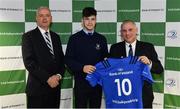 22 March 2019; Chris Cosgrove of St Michael's is presented with their jersey by Vinne Milroy, Bank of Ireland, left, and Tony Ward, Irish Independent, during the Leinster Rugby Schools Top 15 Jersey Presentation at BOI Ballsbridge in Dublin. Photo by Sam Barnes/Sportsfile