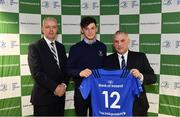 22 March 2019; Andrew Smith of St Michael's is presented with their jersey by Vinne Milroy, Bank of Ireland, left, and Tony Ward, Irish Independent, during the Leinster Rugby Schools Top 15 Jersey Presentation at BOI Ballsbridge in Dublin. Photo by Sam Barnes/Sportsfile