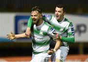 22 March 2019; Greg Bolger, left, of Shamrock Rovers celebrates with team-mate Sean Kavanagh after scoring his side's first goal during the SSE Airtricity League Premier Division between Finn Harps and Shamrock Rovers at Finn Park in Ballybofey, Co. Donegal. Photo by Oliver McVeigh/Sportsfile