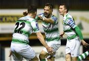 22 March 2019; Greg Bolger, centre, of Shamrock Rovers celebrates with team-mate Aaron Greene after scoring his side's first goal during the SSE Airtricity League Premier Division between Finn Harps and Shamrock Rovers at Finn Park in Ballybofey, Co. Donegal. Photo by Oliver McVeigh/Sportsfile