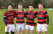 23 March 2019; Cormac Hgarty, Conor Farrell, Allen Hegarty and Risteard Breenan of Trinity College Dublin before the Maughan-Scally Cup match between Trinity College Dublin and National University of Ireland, Galway at the University of Ulster in Coleraine, Derry. The annual Maughan Scally Cup is organized by the Irish Universities’ Rugby Union, which is sponsored by Maxol. Being played for the first time at Ulster University’s Coleraine campus this weekend, the event celebrates participation in student rugby. Photo by Oliver McVeigh/Sportsfile