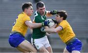 24 March 2019; Kevin McCarthy of Kerry in action against Conor Hussey, left, and David Murray of Roscommon during the Allianz Football League Division 1 Round 7 match between Roscommon and Kerry at Dr. Hyde Park in Roscommon. Photo by Sam Barnes/Sportsfile