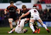 23 March 2019; Tertius Kruger of Isuzu Southern Kings is tackled by Nick Timoney, left, and Marcell Coetzee of Ulste during the Guinness PRO14 Round 18 match between Ulster and Isuzu Southern Kings at the Kingspan Stadium in Belfast. Photo by Ramsey Cardy/Sportsfile