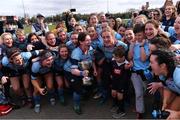 23 March 2019; MU Barnhall RFC captain Elaine Rayfus after her team-mates celebrate with the cup after the Bank of Ireland Leinster Rugby Women’s Division 3 Cup Final match between Dublin University and MU Barnhall RFC at Naas RFC in Naas, Kildare. Photo by Piaras Ó Mídheach/Sportsfile