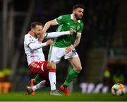 24 March 2019; Stuart Dallas of Northern Ireland in action against Ihar Stasevich of Belarus during the UEFA EURO2020 Qualifier Group C match between Northern Ireland and Belarus at the National Football Stadium in Windsor Park, Belfast. Photo by Ramsey Cardy/Sportsfile