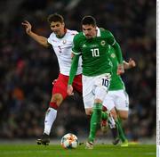 24 March 2019; Kyle Lafferty of Northern Ireland in action against Alyaksandr Martynovich of Belarus during the UEFA EURO2020 Qualifier Group C match between Northern Ireland and Belarus at the National Football Stadium in Windsor Park, Belfast. Photo by Ramsey Cardy/Sportsfile
