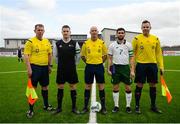 25 March 2019; Captains Aidan Friel of Defence Forces and Kieran McDaid of Colleges & Universities with referee Ray Conlon, and assistant referees Ultan Beaumont and Paul Tone prior to the match between Colleges & Universities and Defence Forces at  Athlone Town Stadium in Athlone, Co. Westmeath. Photo by Harry Murphy/Sportsfile