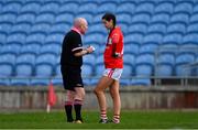 24 March 2019; Referee Gus Chapman talks with Eimear Meaney of Cork before showing her a yellow card during the Lidl Ladies NFL Round 6 match between Mayo and Cork at Elverys MacHale Park in Castlebar, Mayo. Photo by Piaras Ó Mídheach/Sportsfile