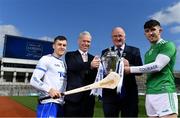 27 March 2019; In attendance at the 2019 Allianz Hurling League Final preview in Croke Park are, from left, Jamie Barron of Waterford, Peter Kilcullen, Allianz Ireland, Uachtaráin Cumann Lúthchleas Gael John Horan and Aaron Gillane of Limerick. 2019 marks the 27th year of Allianz’ support of courage on the field of play through its sponsorship of the Allianz Football and Hurling Leagues. Waterford meet Limerick in this Sunday’s Division 1 decider at Croke Park at 2pm. Photo by Brendan Moran/Sportsfile