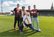27 March 2019; Comedian PJ Gallagher, centre, with musician Natty Wailer, who played with Bob Marley for 10 years, comedian Eric Lalor and James Finnerty, right, and Kevin Devaney, left, of Bohemians at the launch of the Big Bohs Gig during a media day at Dalymount Park in Dublin. Photo by Matt Browne/Sportsfile