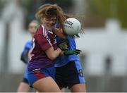 29 March 2019; Niamh McGrath of Coláiste Bhaile Chláir in action against Abigail Rafferty of St Patrick's during the Lidl All Ireland Post Primary School Senior ‘B’ Championship Final match between Coláiste Bhaile Chláir, Claregalway, Co Galway, and St Patrick's Academy, Dungannon, Co Tyrone, at Páirc Seán Mac Diarmada in Carrick-on-Shannon, Leitrim. Photo by Piaras Ó Mídheach/Sportsfile