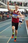 31 March 2019; Conor Liston of Mullingar Harriers A.C., Co. Westmeath, celebrates winning the Boys Under 13 600m event during Day 2 of the Irish Life Health National Juvenile Indoor Championships at AIT in Athlone, Co Westmeath. Photo by Sam Barnes/Sportsfile