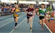31 March 2019; Athletes, from left, Cait O'Reilly of Annalee AC, Co. Cavan, Abbie Doherty of Crookstown Millview A.C., Co. Kildare, and Myah Gallagher of Tuam A.C., Co. Galway,  competing in the Girls U13 600m event during Day 2 of the Irish Life Health National Juvenile Indoor Championships at AIT in Athlone, Co Westmeath. Photo by Sam Barnes/Sportsfile