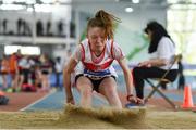 31 March 2019; Tara Keane of Galway City Harriers A.C., Co. Galway, competing in the Girls Under 13 Long Jump  event  during Day 2 of the Irish Life Health National Juvenile Indoor Championships at AIT in Athlone, Co Westmeath. Photo by Sam Barnes/Sportsfile
