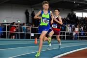 31 March 2019; Thomas Bolton of Metro/St. Brigid's A.C., Co. Dublin, competing in the Boys Under 14 800m event during Day 2 of the Irish Life Health National Juvenile Indoor Championships at AIT in Athlone, Co Westmeath. Photo by Sam Barnes/Sportsfile