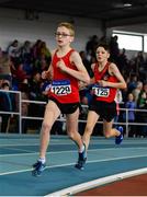 31 March 2019; Max Treacy of Kildare A.C., Co. Kildare, left, and Liam Fitzgerald of Lucan Harriers A.C., Co. Dublin, competing in the Boys Under 14 800m event during Day 2 of the Irish Life Health National Juvenile Indoor Championships at AIT in Athlone, Co Westmeath. Photo by Sam Barnes/Sportsfile