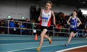 31 March 2019; Luca O'Shea Breen of Greystones & District A.C., Co. Wicklow, competing in the Boys Under 14 800m event during Day 2 of the Irish Life Health National Juvenile Indoor Championships at AIT in Athlone, Co Westmeath. Photo by Sam Barnes/Sportsfile
