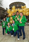 3 April 2019; Team Ireland's Aine McDermott, a member of the No Limits Club, from Athenry, Co. Galway, Kellie O'Donnell, a member of the Waterford SO Club, from Carrick-on-Suir, Co. Tipperary, Jack McFadden, a member of the Phoenix Flyers SO Club, from Dublin 15, Co. Dublin, Patrick Furlong, a member of the Lakers, from Dublin 10, Co. Dublin, John Doyle, a member of the Special Olympics Club Gorey Area, from Gorey, Co. Wexford, and, front row, Fergal Gregory, a member of the Newry City SOC from Newry, Co. Down, and Francis Power, a member of the Navan Arch Club, from Navan, Co. Meath, after they had visited Leinster House to celebrate their success at the recent World Summer Games Abu Dhabi. Photo by Ray McManus/Sportsfile