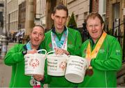 4 April 2019; Special Olympics Ireland is calling on people across the country to support future champions by donating to its Annual Collection Day Friday, 5th April. This is set to be one of the biggest and best Collection Days for the charity; off the back of Team Ireland’s incredible success at the Special Olympics World Games in Abu Dhabi, Special Olympics Ireland smashed its initial target of 3,000 volunteers; with over 4,000 people signing up to take to the streets. Supermarkets, shops and streets will be full of Special Olympics volunteers and representatives, singing, shaking and smiling from 7am, in what will be one of the largest organised nationwide fundraising events of 2019. One can donate online at www.specialolympics.ie/donate or Text Athlete to 50300 to donate €4 to Special Olympics Ireland. Pictured are Team Ireland's Francis Power, Jack McFadden and John Doyle. Photo by Ray McManus/Sportsfile