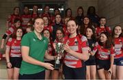 30 March 2019; Mullingar captain Caoimhe Ryan is presented with the cup by Eve Higgins of Ireland and Leinster after the Leinster Rugby Girls U16 Girls Bowl Final match between Mullingar and Westmanstown at Navan RFC in Navan, Co Meath. Photo by Matt Browne/Sportsfile